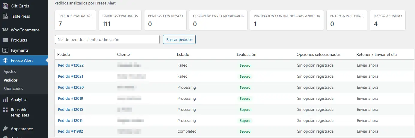 Vista de pedidos de WooCommerce que muestra pedidos evaluados por heladas