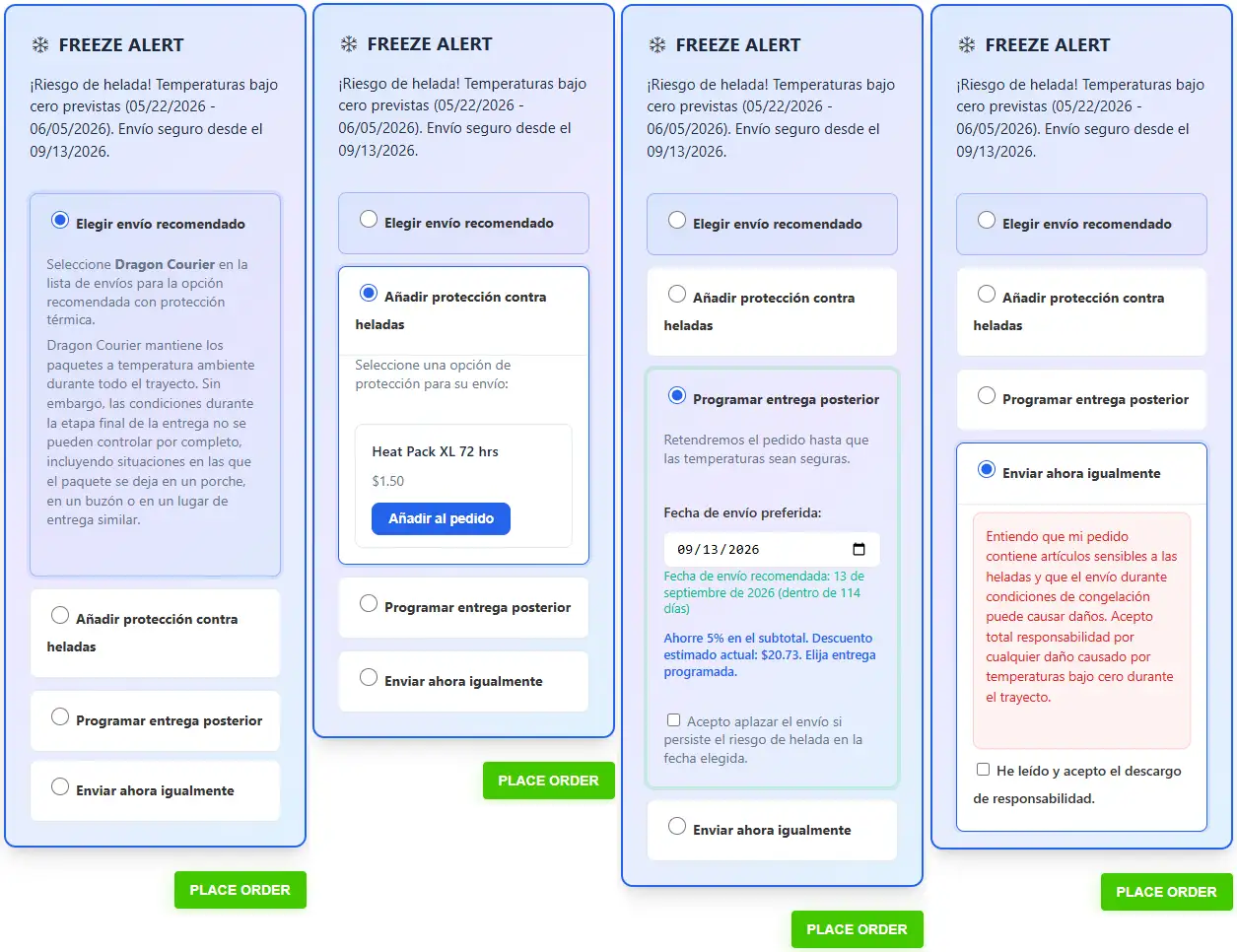 Alerta de pago del cliente con opciones de protección, envío, programación y aceptación de riesgos