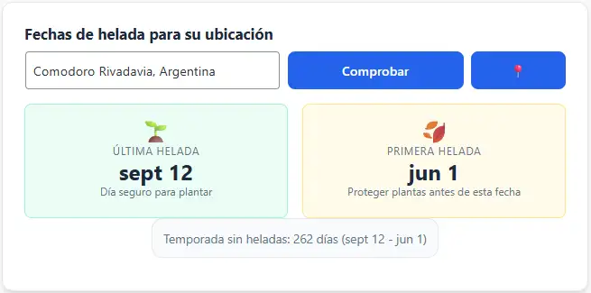 Widget de fecha de helada que muestra las fechas de la última helada de primavera y de la primera helada de otoño