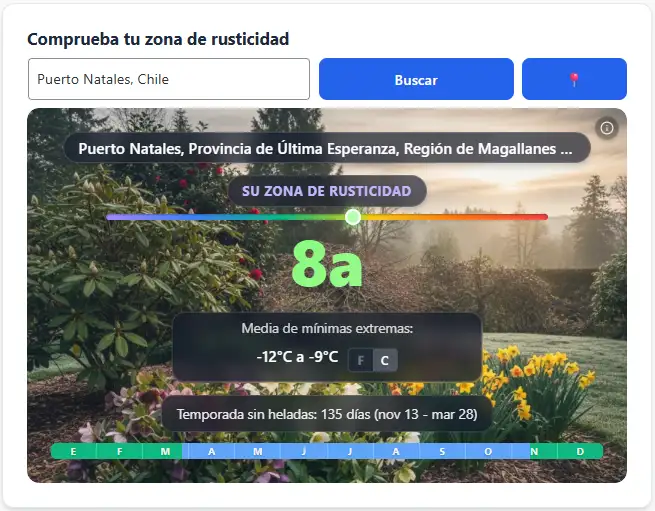 Widget de búsqueda de zona de rusticidad global que muestra un resultado de zona de rusticidad