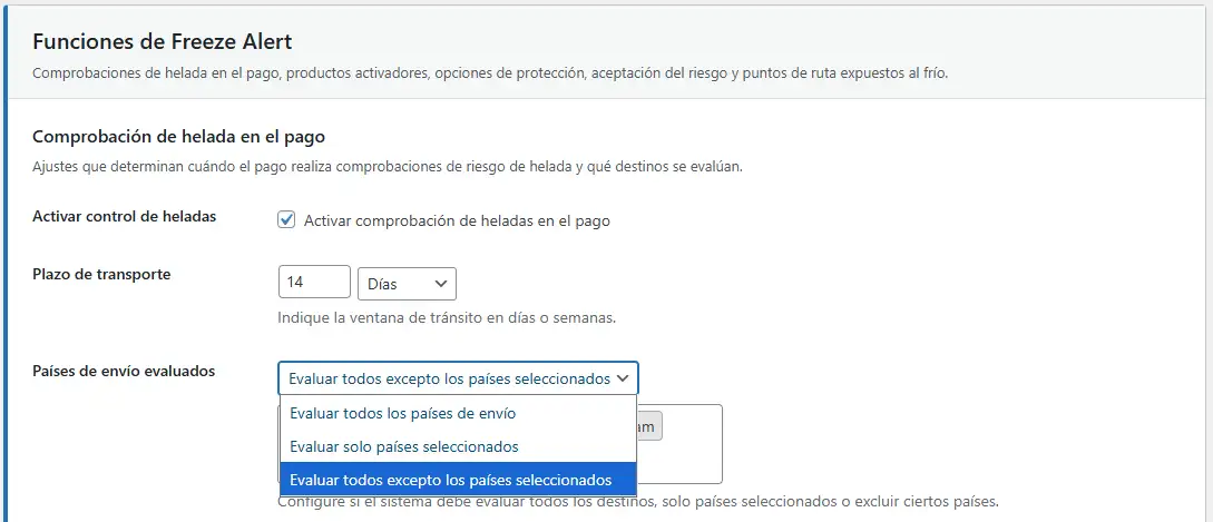 Pantalla de administración Freeze Alert para configuraciones generales de pago y controles de la ventana de envío