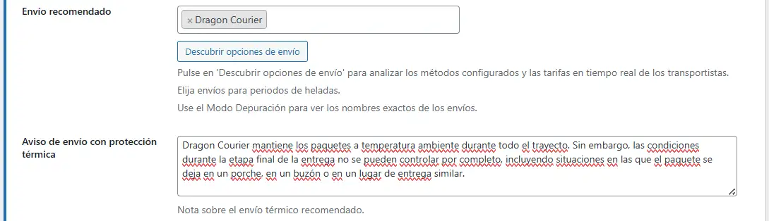 Pantalla de administración Freeze Alert para opciones de envío protegidas recomendadas