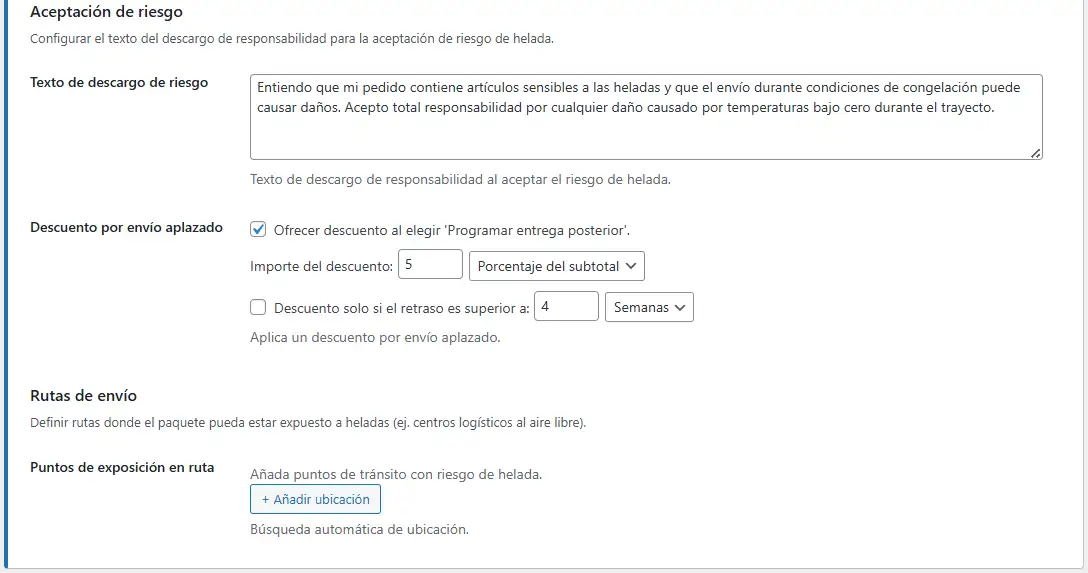 Pantalla de administración Freeze Alert para configuración de entrega retrasada, aceptación de riesgos y exposición de ruta